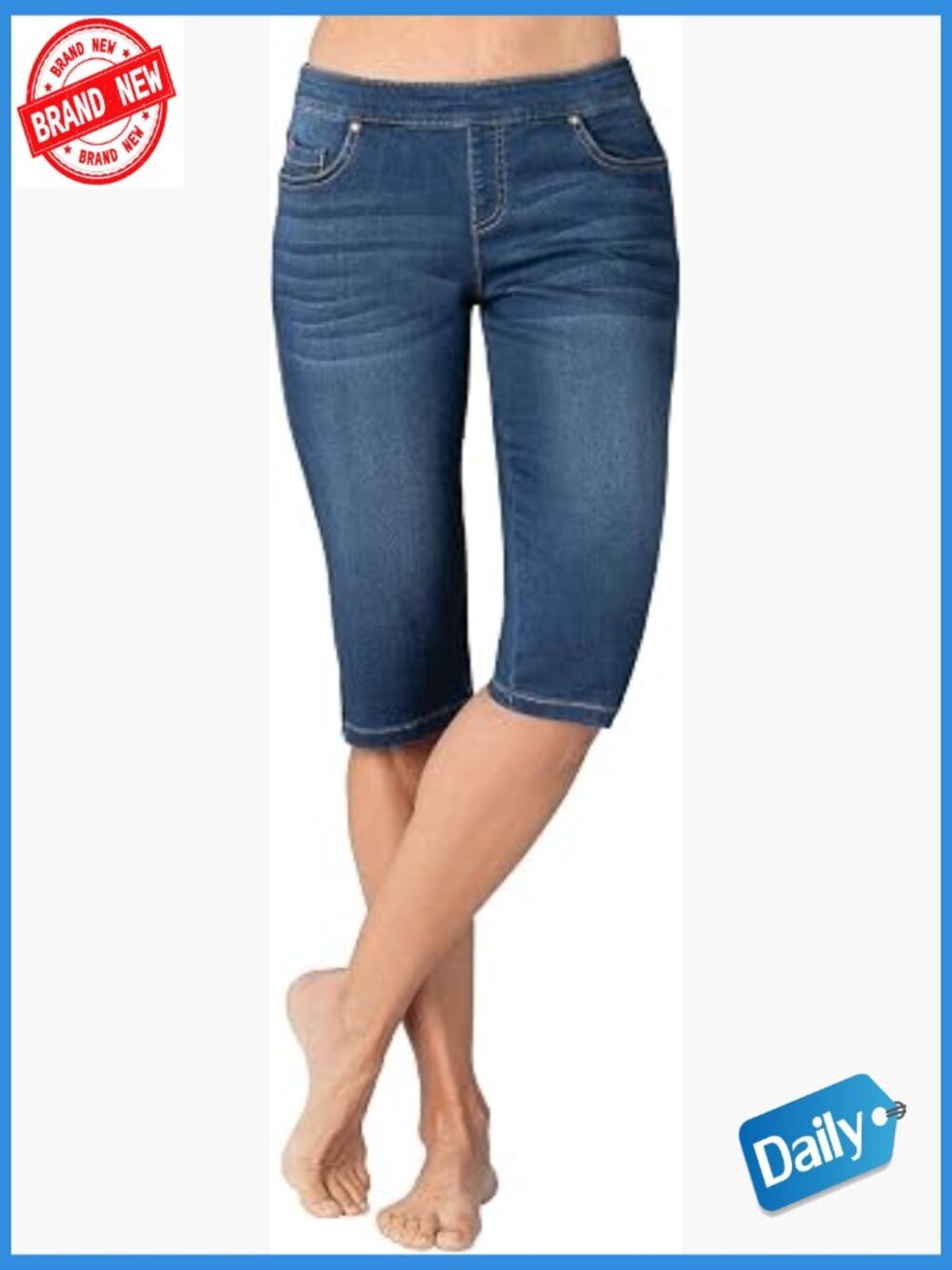Women's Pull On Denim Bermuda Shorts with Pockets Mid Rise